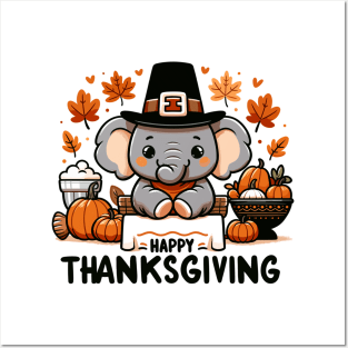 "Thanksgiving Joy" - Cute Elephant Celebrating Thanksgiving Design Posters and Art